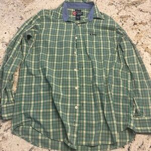 Chaps Men's Green and White Plaid Shirt